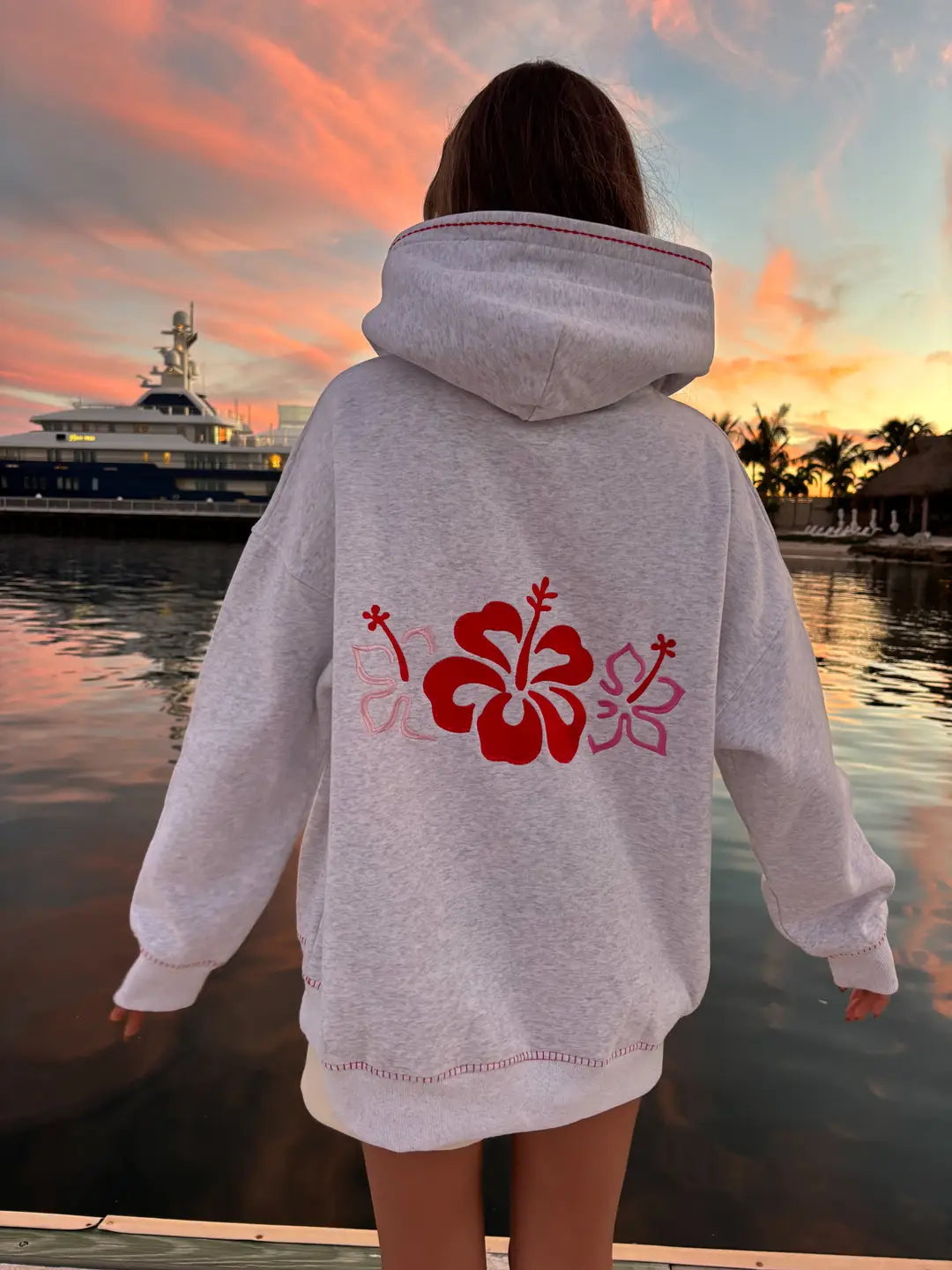 Pearl Grey Hibiscus Flowers Hoodie