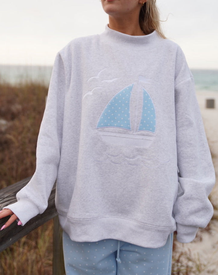 Polka Dot Sailboat Embroider Mockneck Sweatshirt