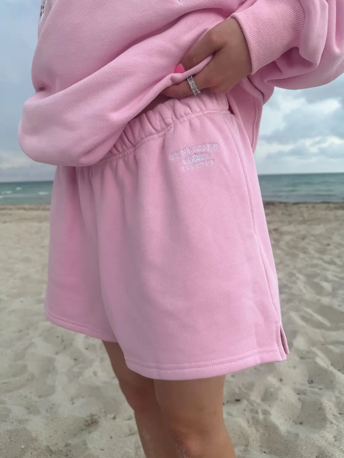 Bubblegum Pink Embroidered Sweat Shorts 100% Cotton