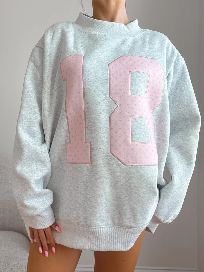 Polka Dot 18 Number Embroider Mockneck Sweatshirt