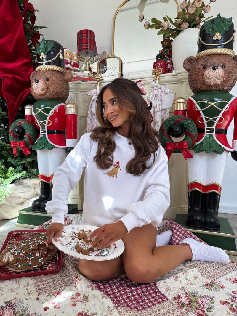 White Christmas Dog Santa Hat Embroidered Mockneck Sweatshirt 100% Cotton