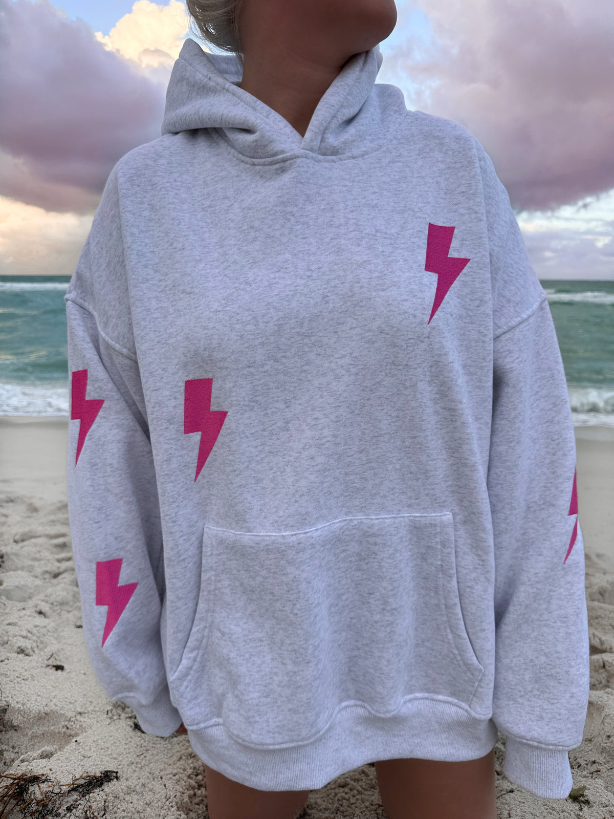 Pearl Grey Embroider Lightning Bolt Hoodie
