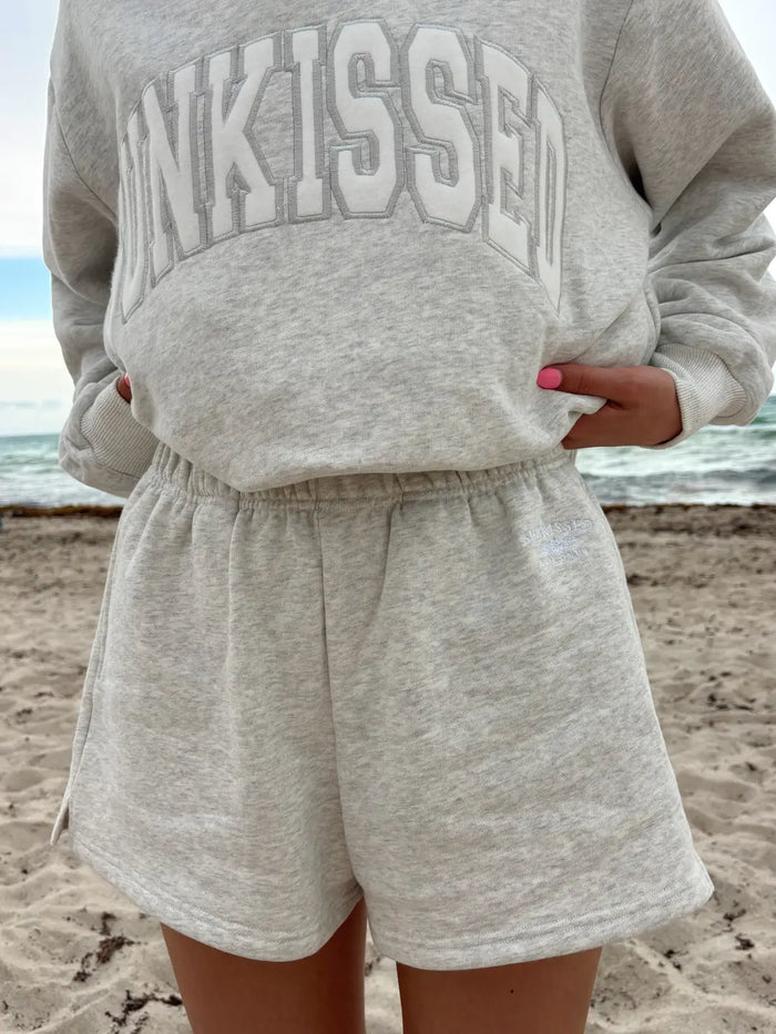 Pearl Grey Embroidered Sweat Shorts 100% Cotton