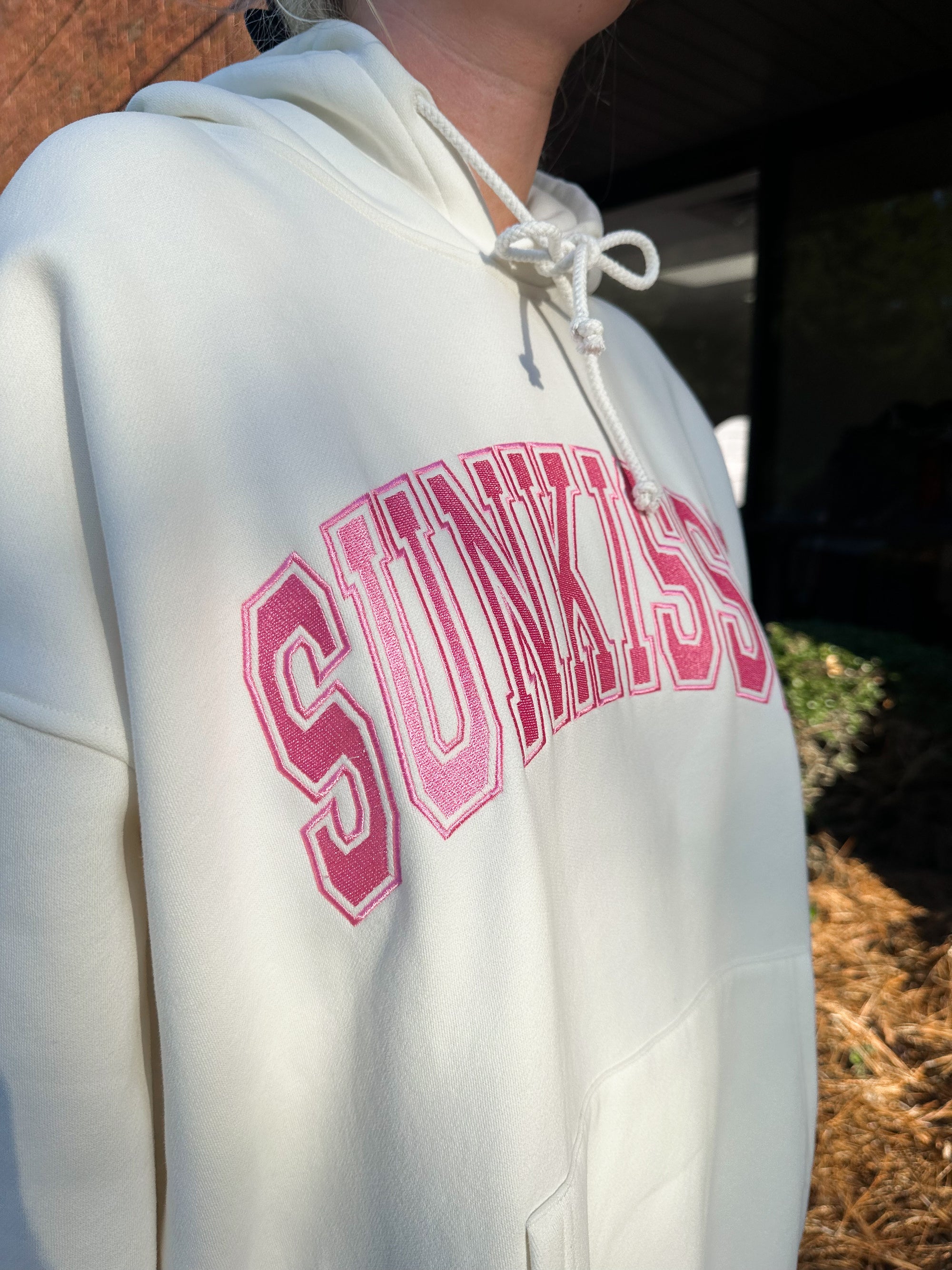 Ivory and Hibiscus Pink Varsity Embroider Hoodie