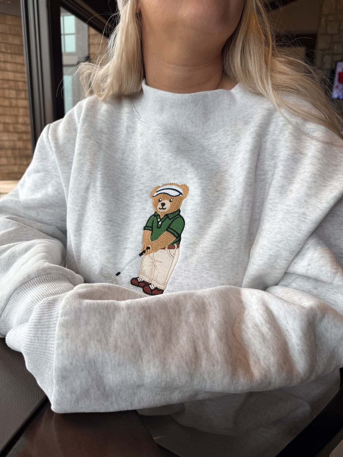 Pearl Grey Classic Teddy Bear Golf Embroider Mockneck Sweatshirt