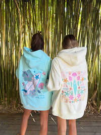 Lagoon Aqua Surfboard Hibiscus Embroidered Hoodie