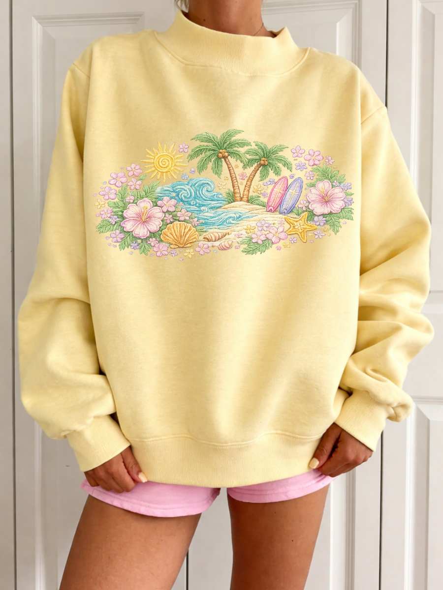 Butter Yellow Seaside Bloom Graphic Mockneck Sweatshirt