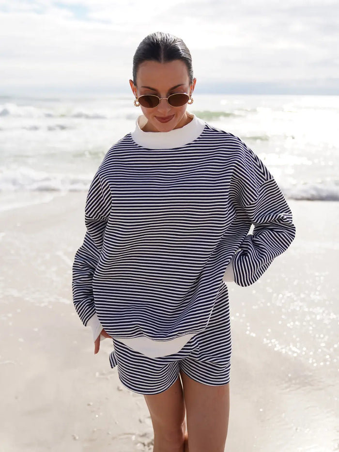 Dark Navy Blue and White Big Striped Mockneck Sweatshirt