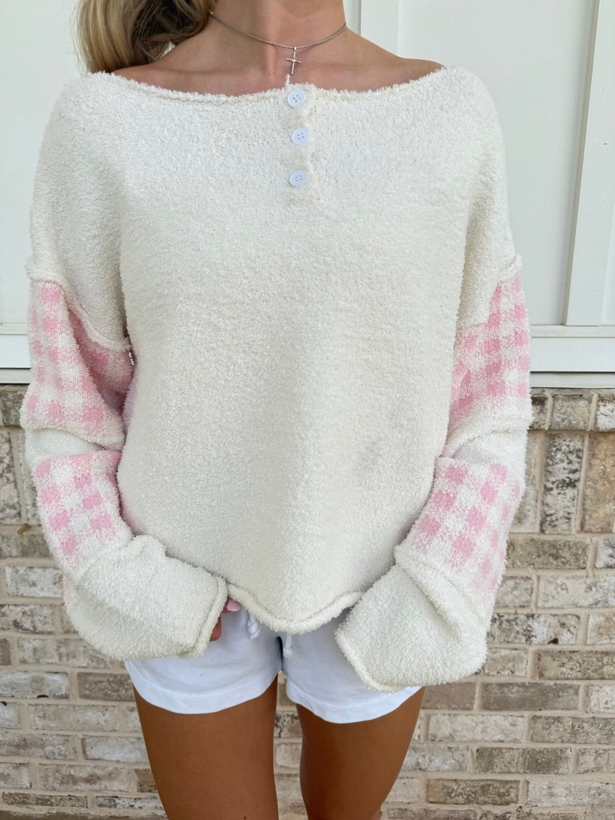 Pretty in Pink Gingham Fuzzy Sweater