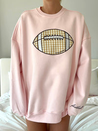 Light Pink Game Day Gingham Football Embroider Sweatshirt