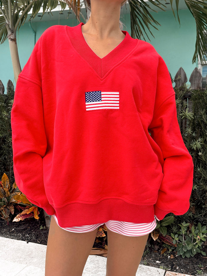 Red American Flag Embroider V-Neck Sweatshirt