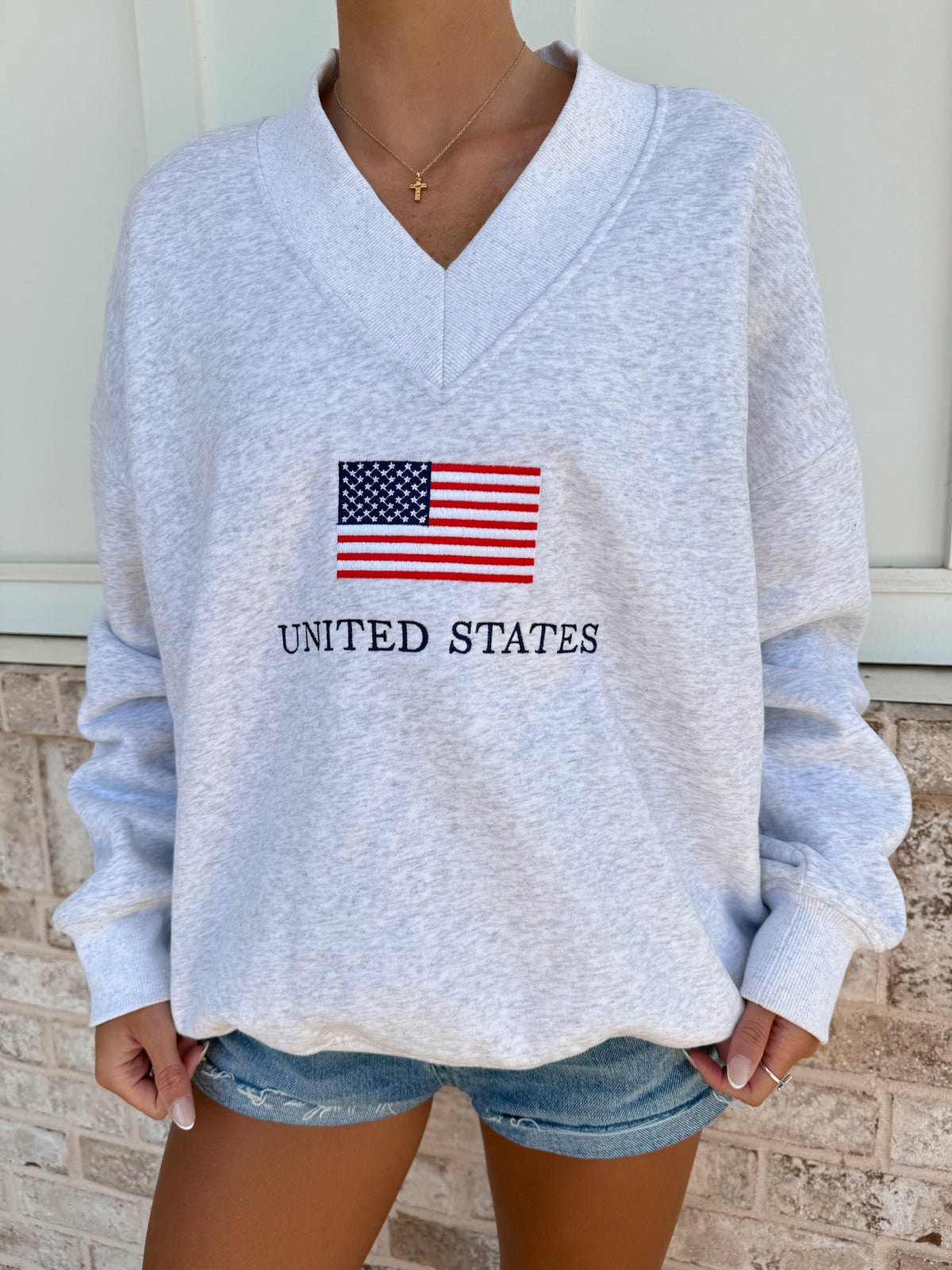 Pearl Grey United States Flag Embroider V-Neck Sweatshirt