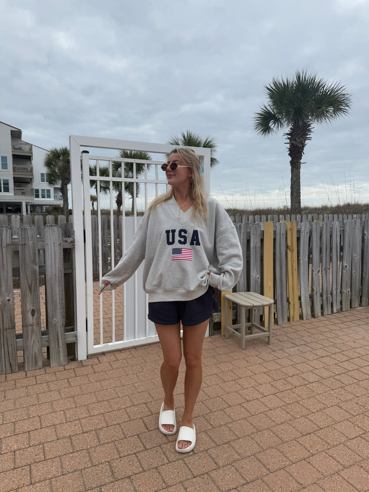 Afternoon Grey USA Flag Embroider V-Neck Sweatshirt