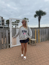 Afternoon Grey USA Flag Embroider V-Neck Sweatshirt