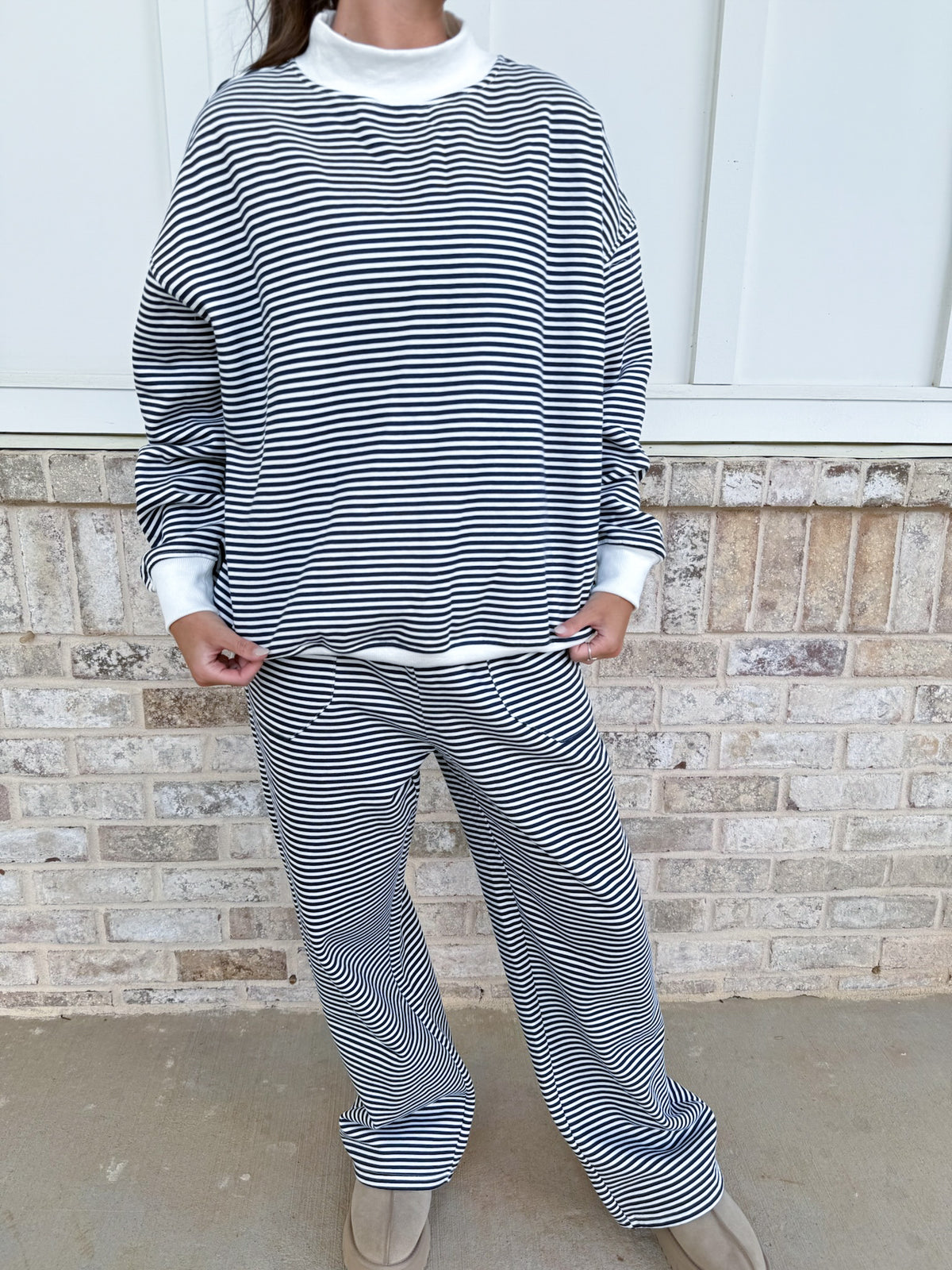 Dark Navy Blue and White Big Striped Mockneck Sweatshirt