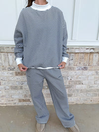Dark Navy Blue and White Big Striped Mockneck Sweatshirt