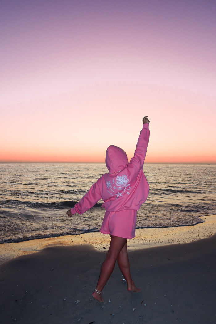 Hibiscus Pink Tropical Embroider Hoodie