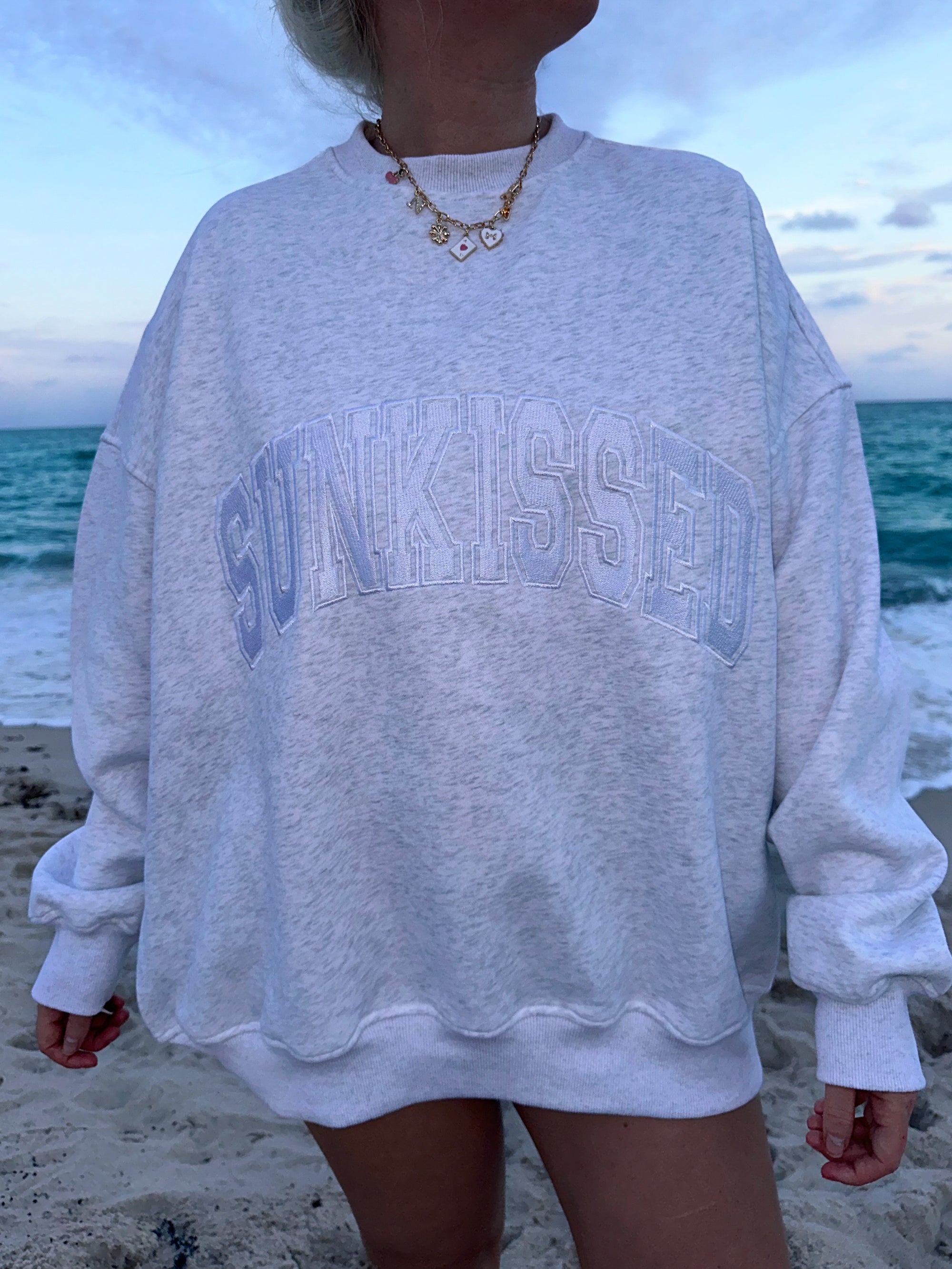 Pearl Grey and White Thread Sunkissed Varsity Embroider Sweatshirt