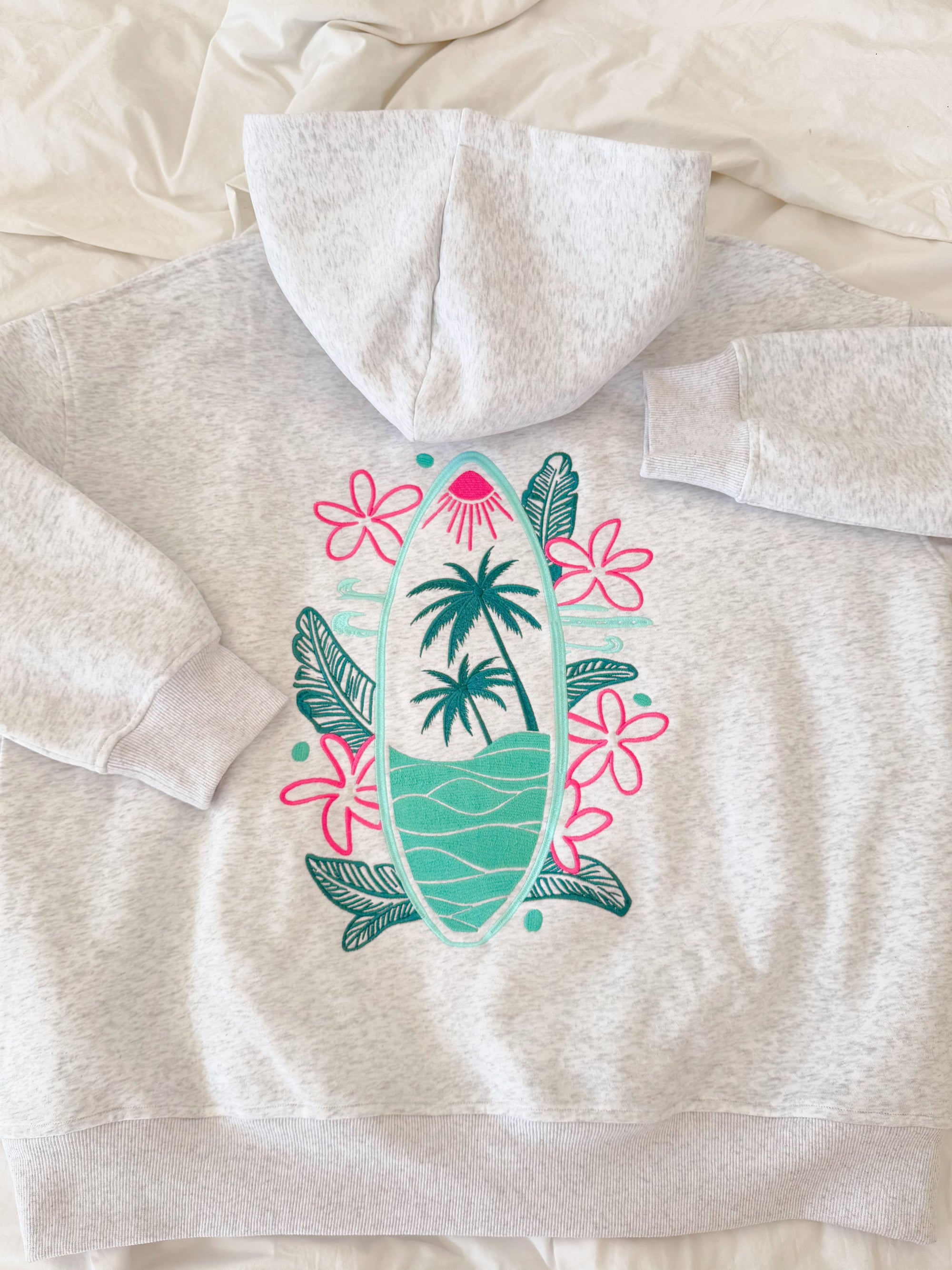 Pearl Grey Surfing The Waves Embroider Hoodie