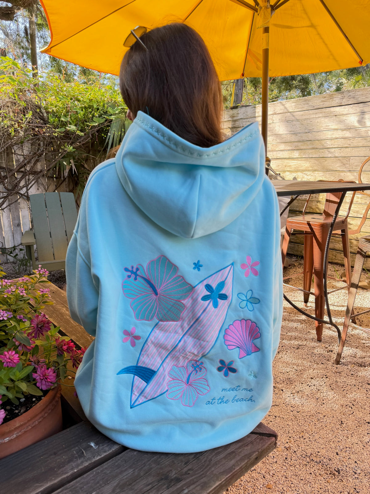 Lagoon Aqua Surfboard Hibiscus Embroidered Hoodie