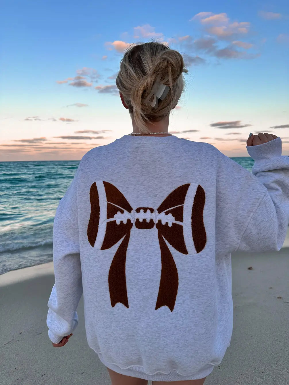 Pearl Grey Football Bows Game Day Embroider Sweatshirt