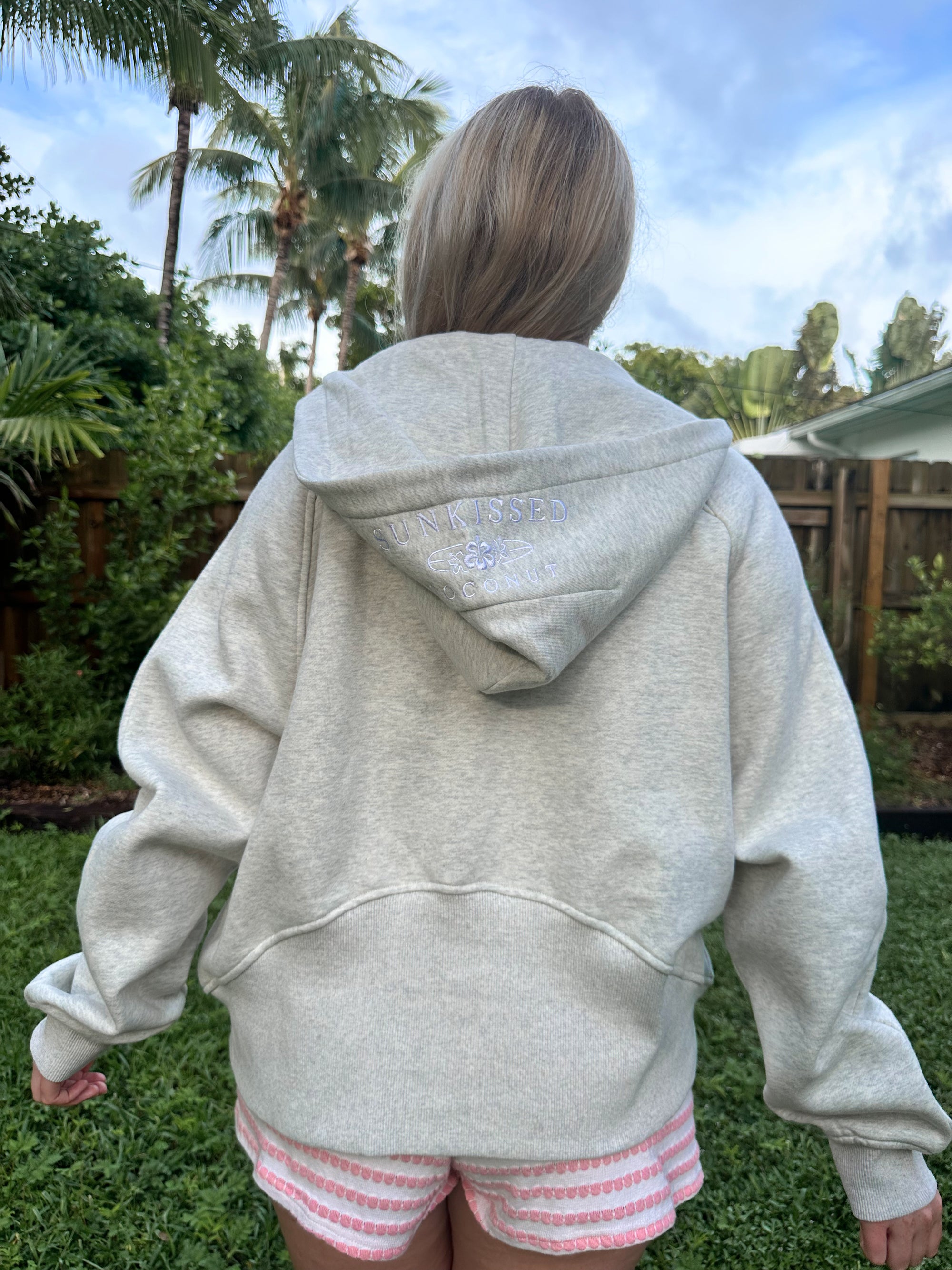 Salty Grey Pilates Detailed Waist Length Quarter Zip Hoodie