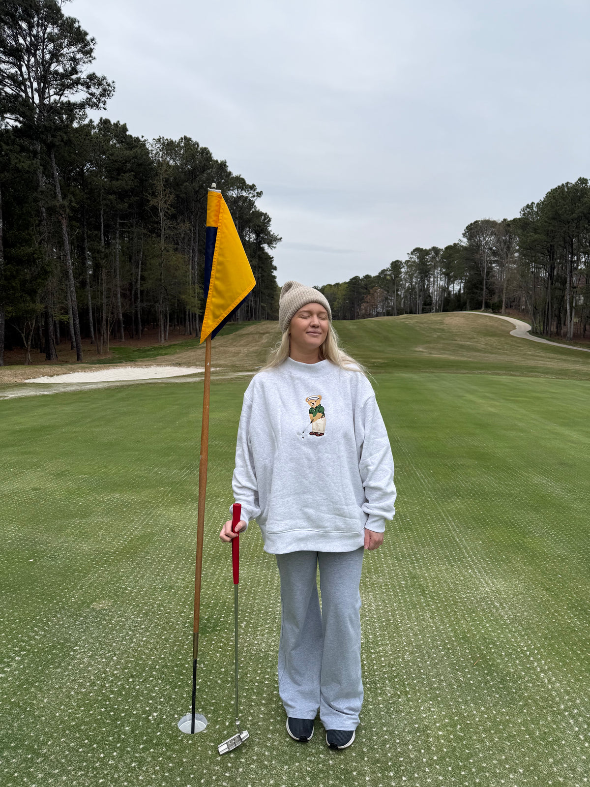 Pearl Grey Classic Teddy Bear Golf Embroider Mockneck Sweatshirt
