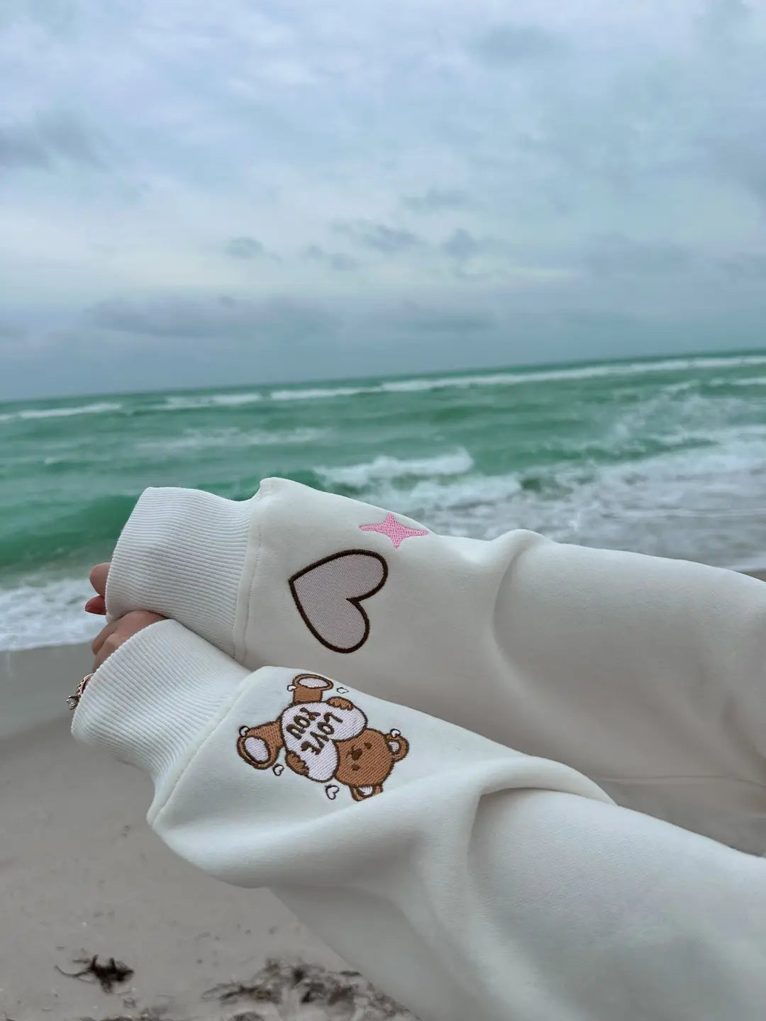 Ivory Teddy Bear Embroider Sweatshirt
