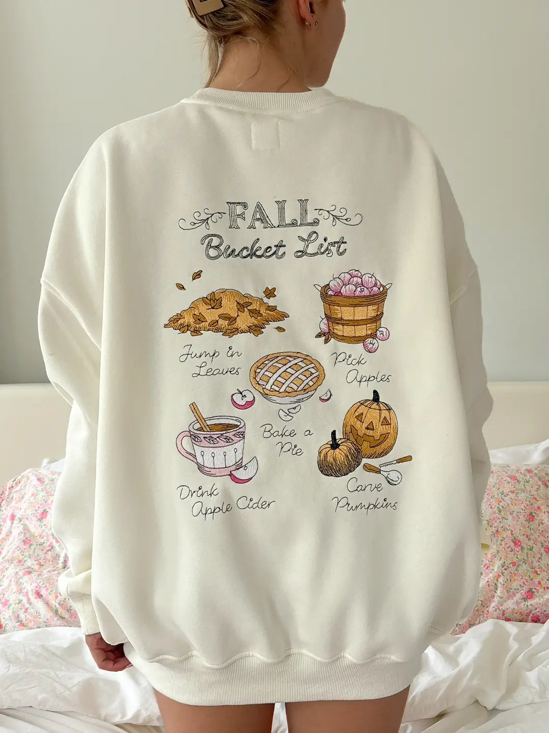 Ivory Autumn Fall Bucket List Embroidered Sweatshirt