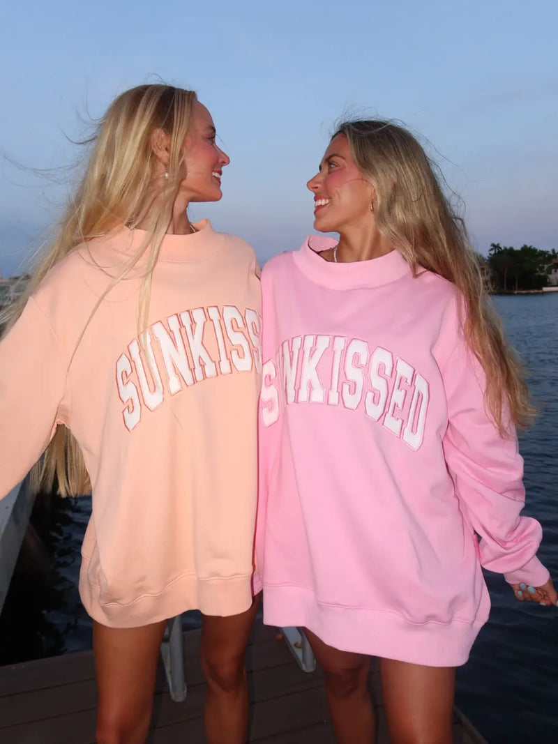 Papaya Orange Varsity Sunkissed Embroidered Mockneck Sweatshirt 100% Cotton