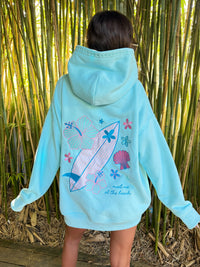 Lagoon Aqua Surfboard Hibiscus Embroidered Hoodie