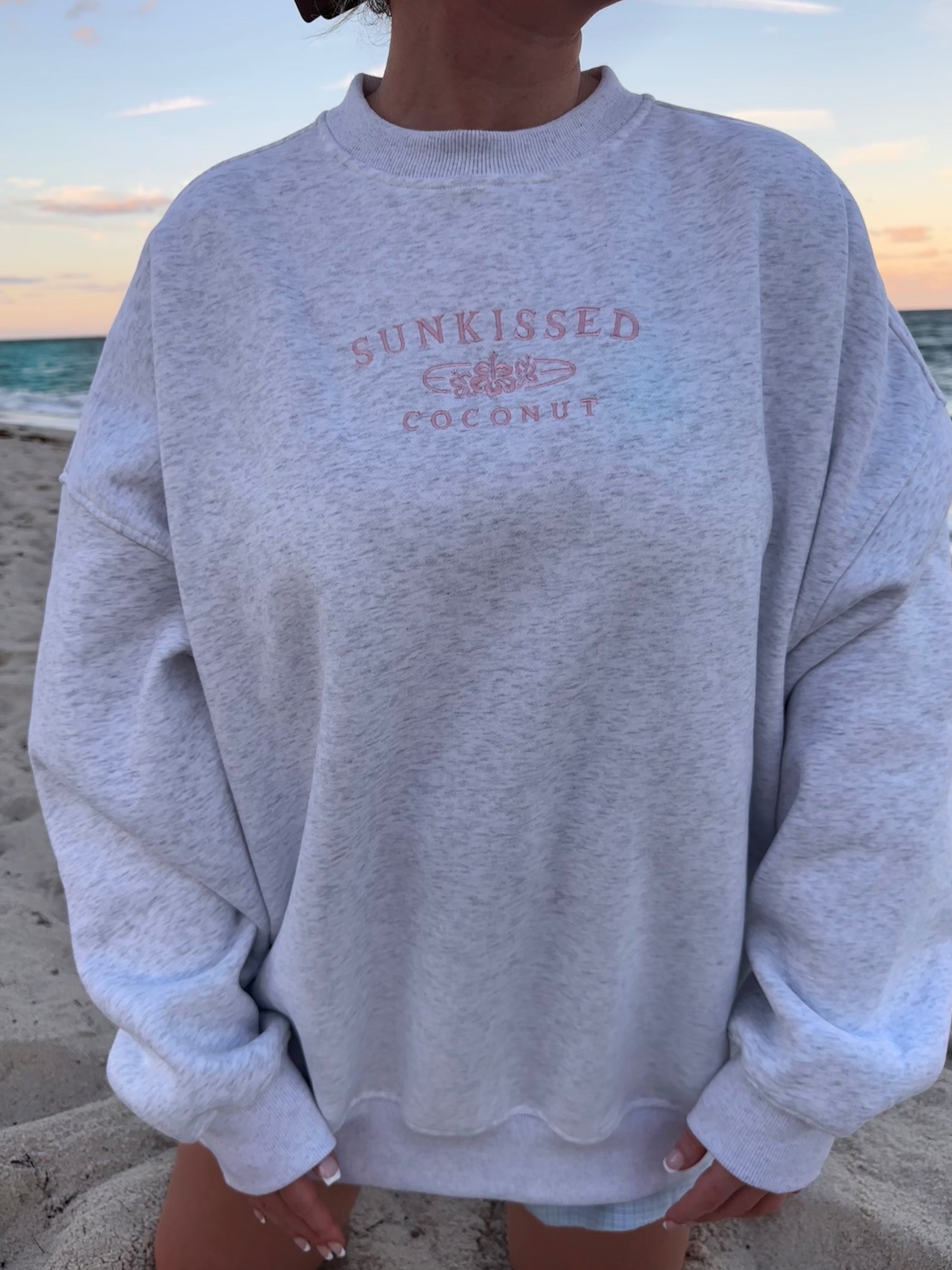 Pearl Grey and Pink Thread Sunkissedcoconut Logo Embroider Sweatshirt