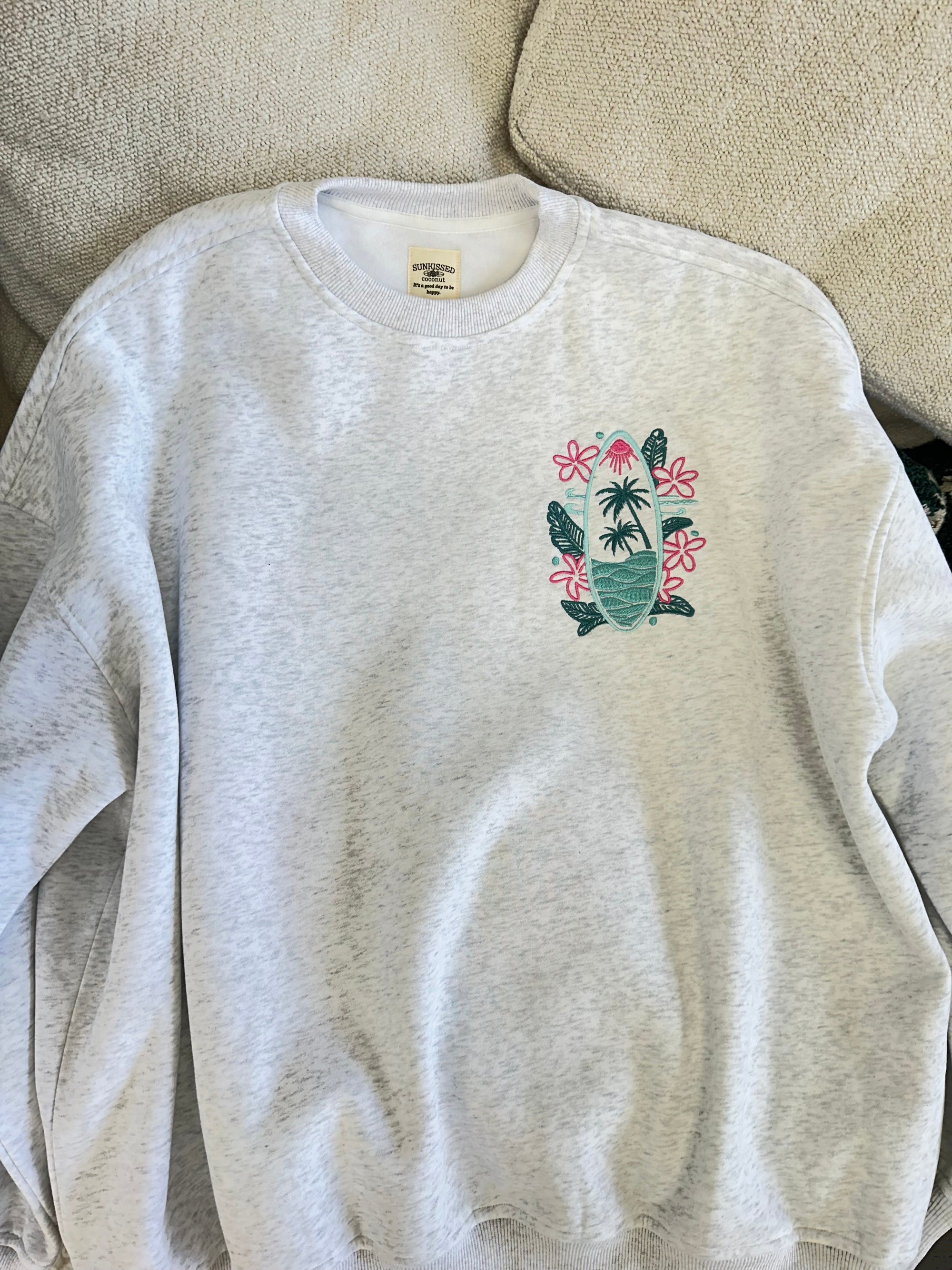 Pearl Grey Surfing The Waves Embroider Sweatshirt