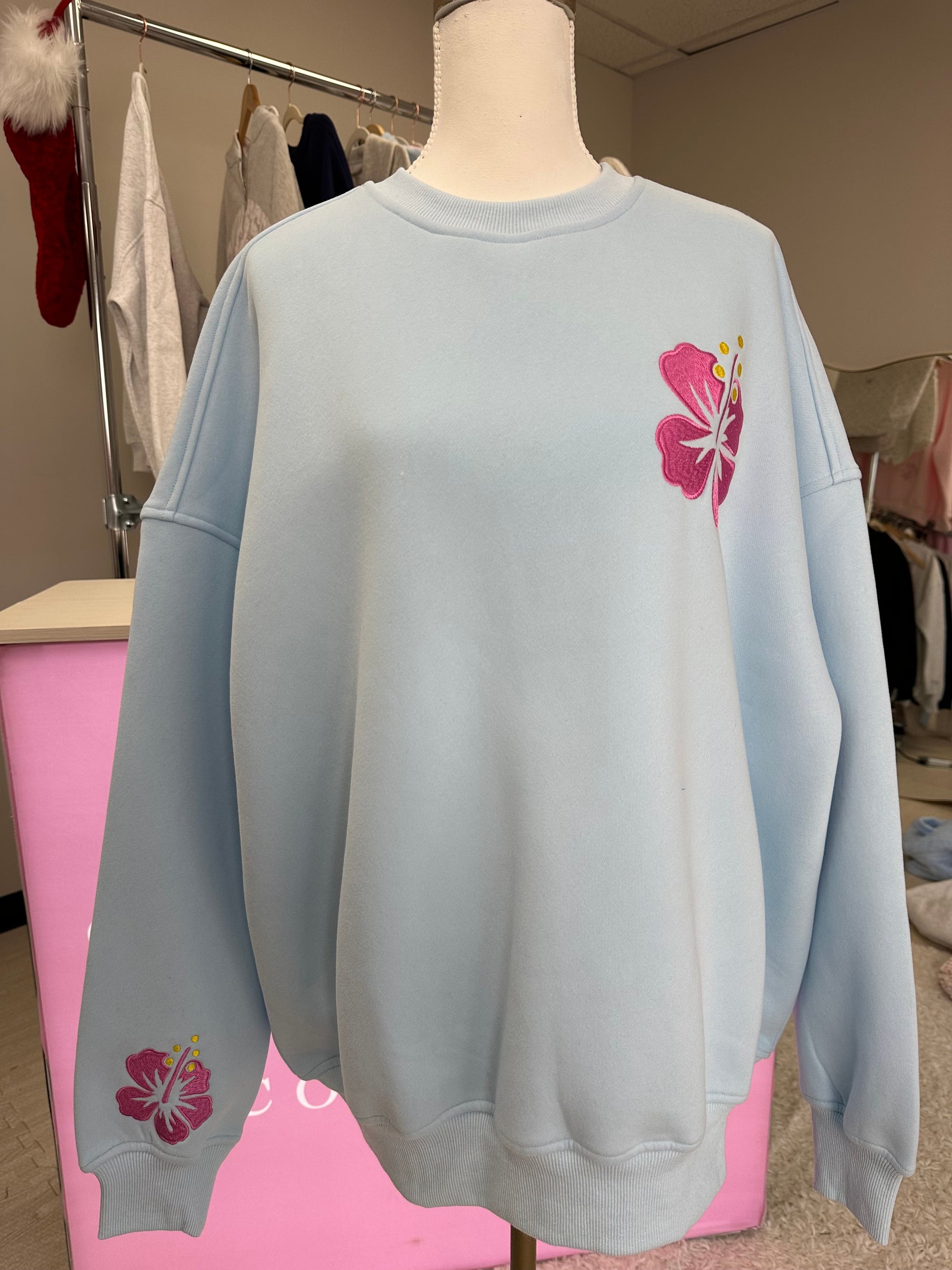 Icy Blue Hibiscus Flower Beach Babe Embroider Sweatshirt