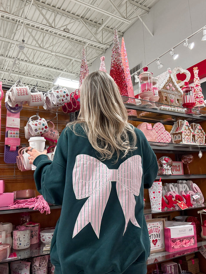 Winter Green Striped Bow Embroider Sweatshirt