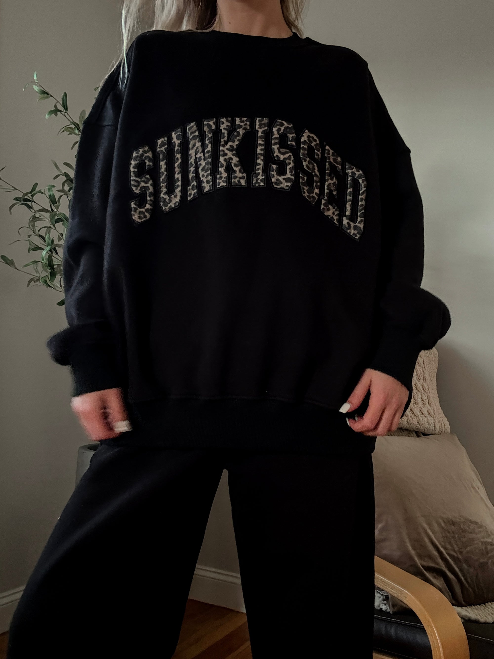 Black Sunkissed Leopard Print Embroider Sweatshirt