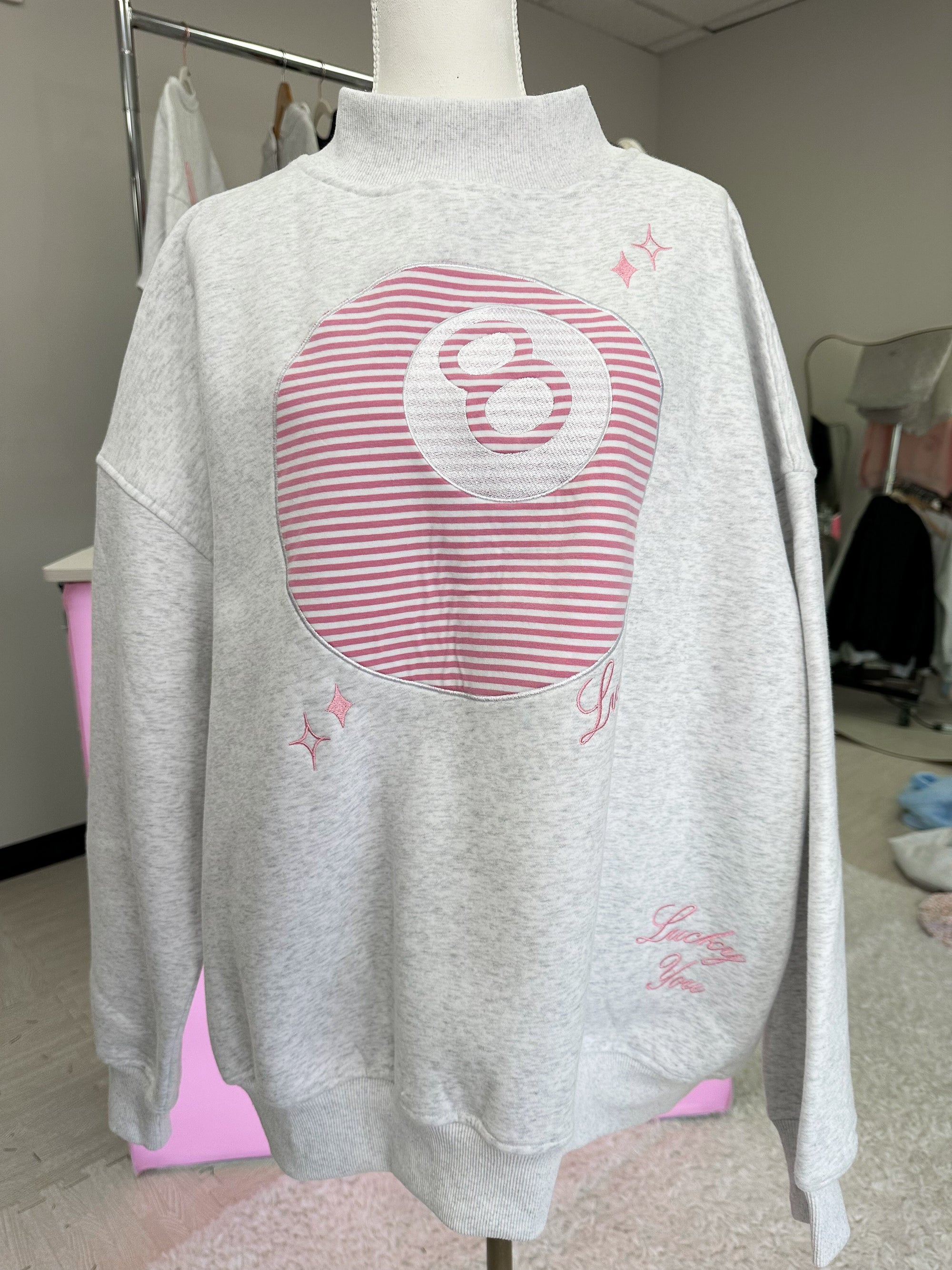 Pearl Grey Lucky You 8 Ball Mockneck Embroider Sweatshirt