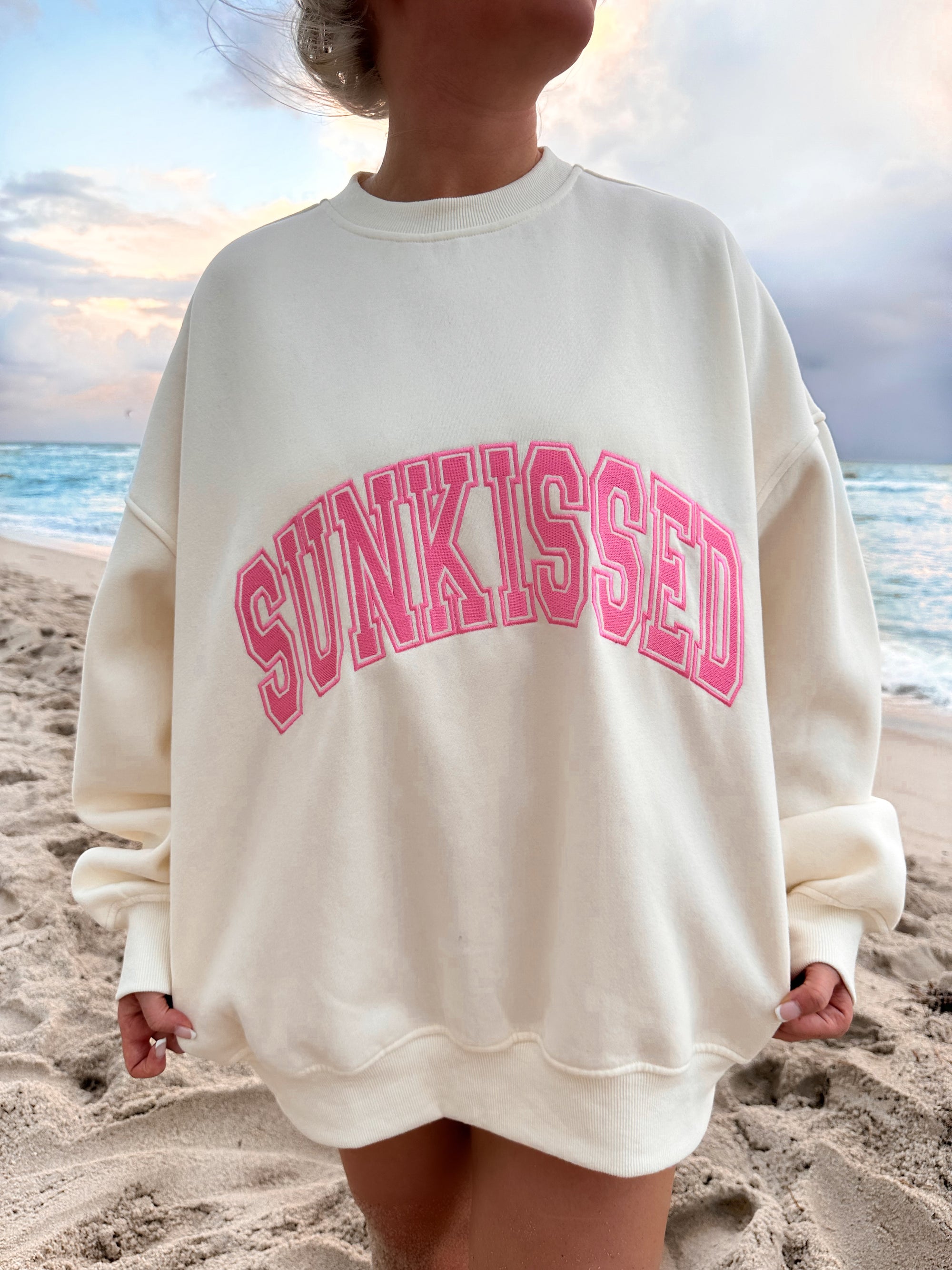 Ivory and Hibiscus Pink Varsity Embroider Sweatshirt