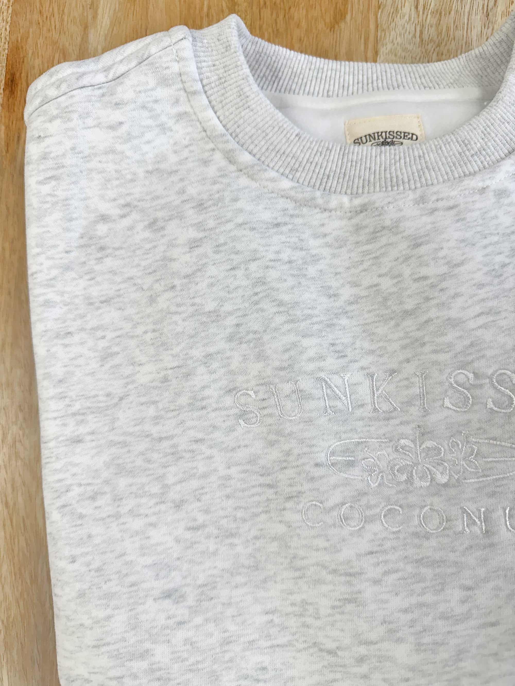 Pearl Grey and White Thread Sunkissedcoconut Logo Embroider Sweatshirt