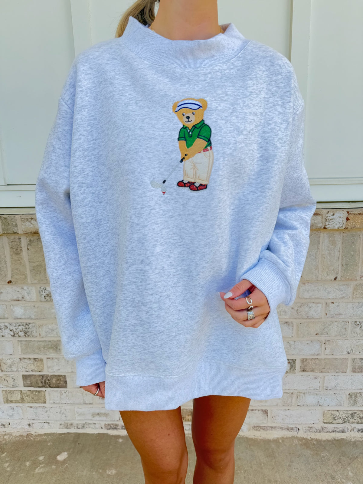 Pearl Grey Classic Teddy Bear Golf Embroider Mockneck Sweatshirt