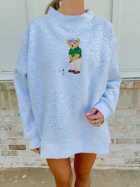 Pearl Grey Classic Teddy Bear Golf Embroider Mockneck Sweatshirt