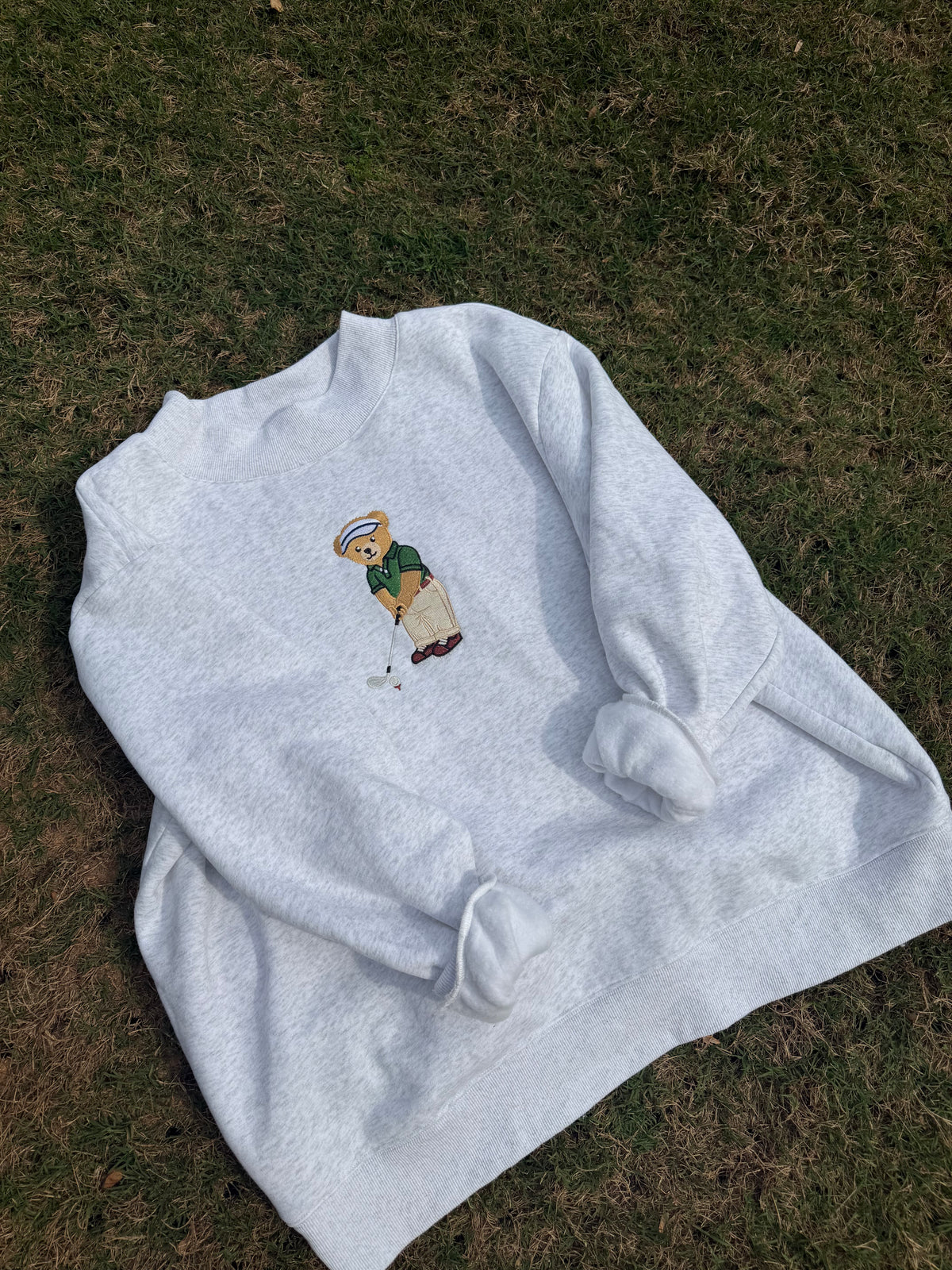 Pearl Grey Classic Teddy Bear Golf Embroider Mockneck Sweatshirt