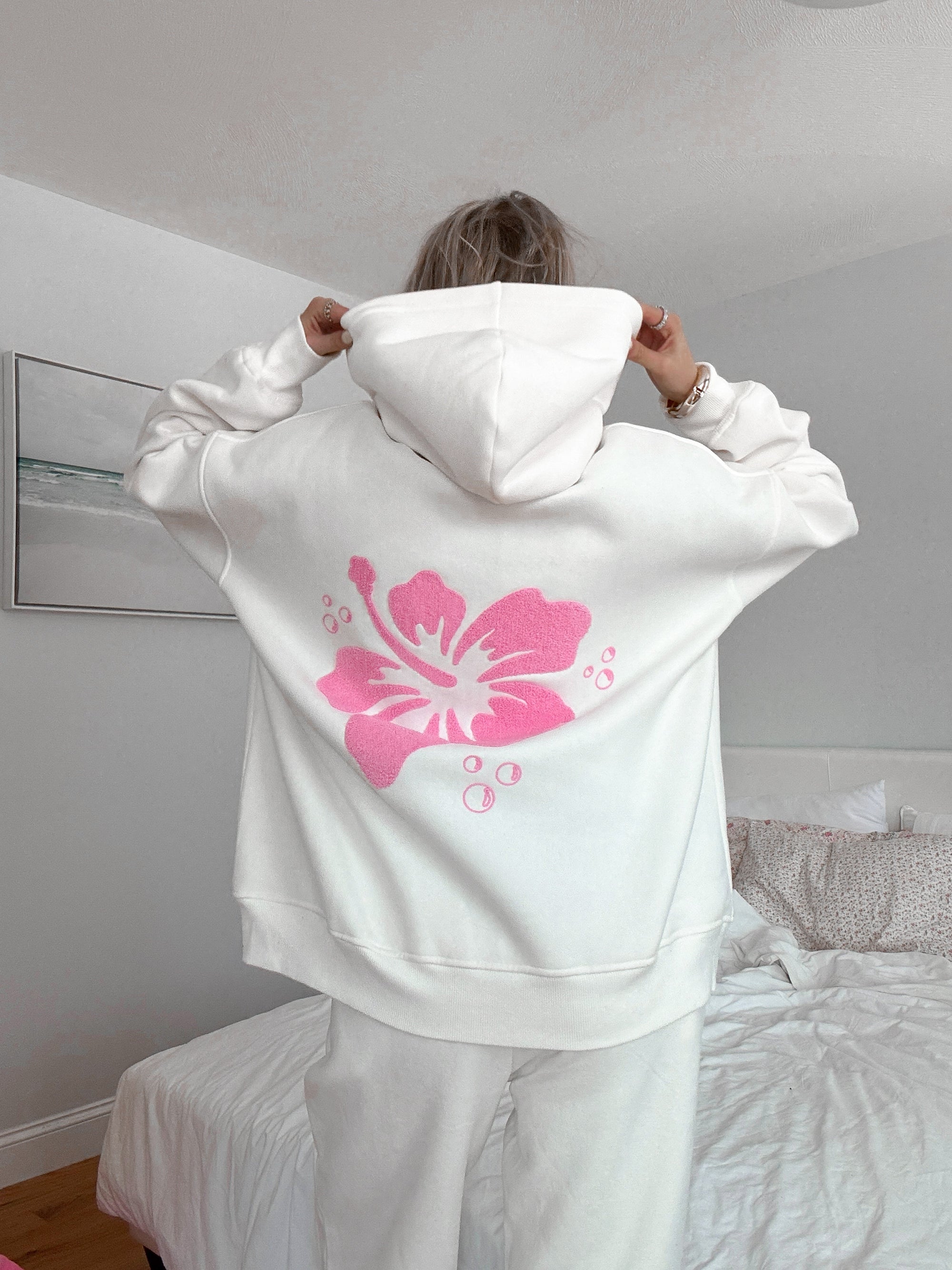 Ivory Hibiscus Flower Hoodie