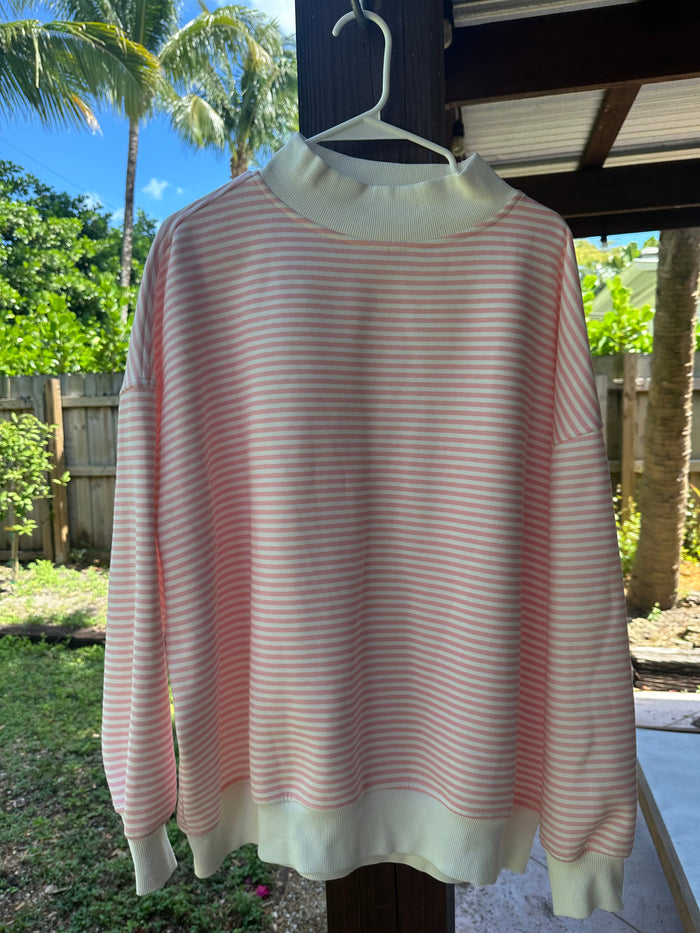 Light Pink and White Big Striped Mockneck Sweatshirt