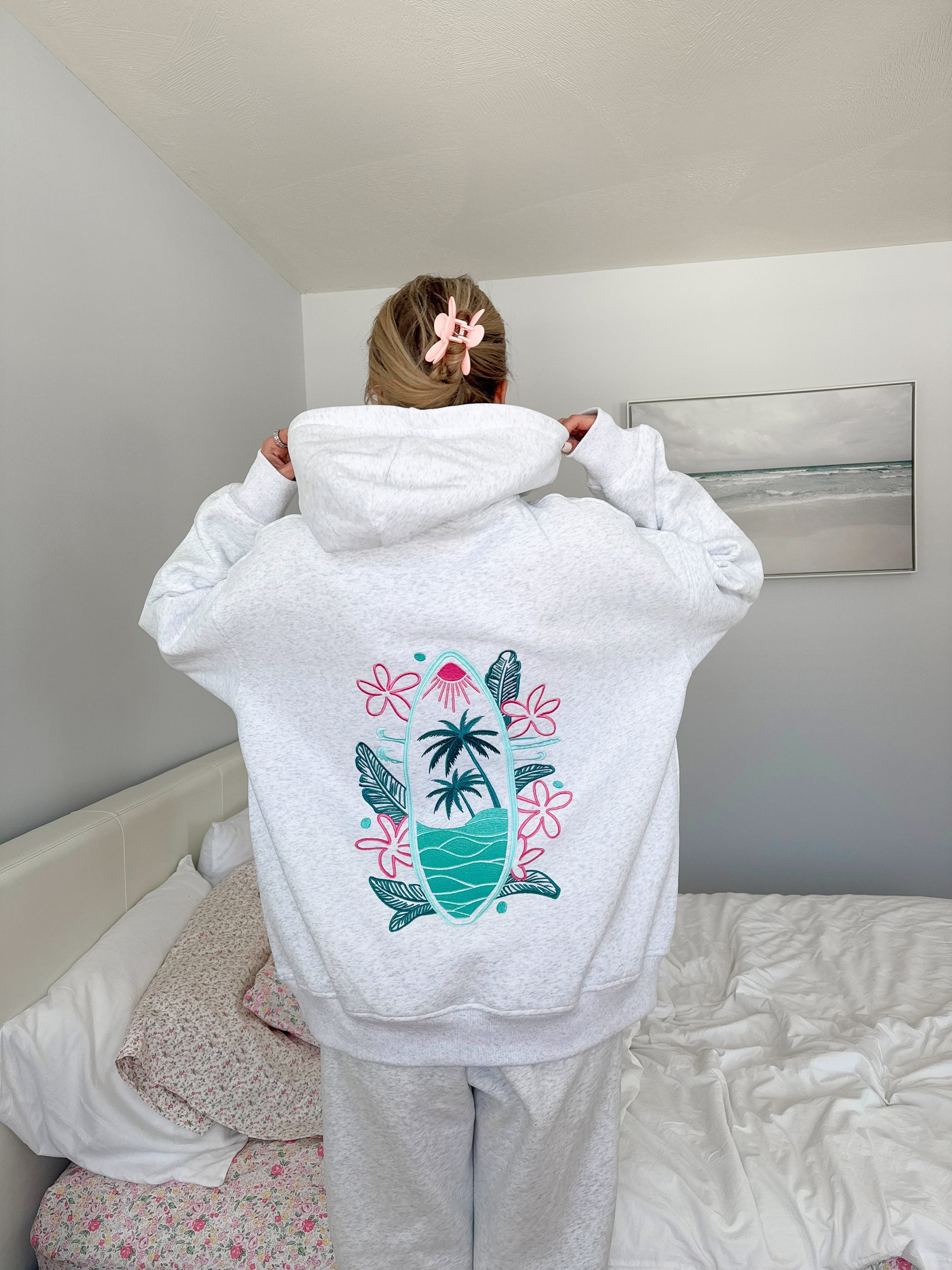 Pearl Grey Surfing The Waves Embroider Hoodie