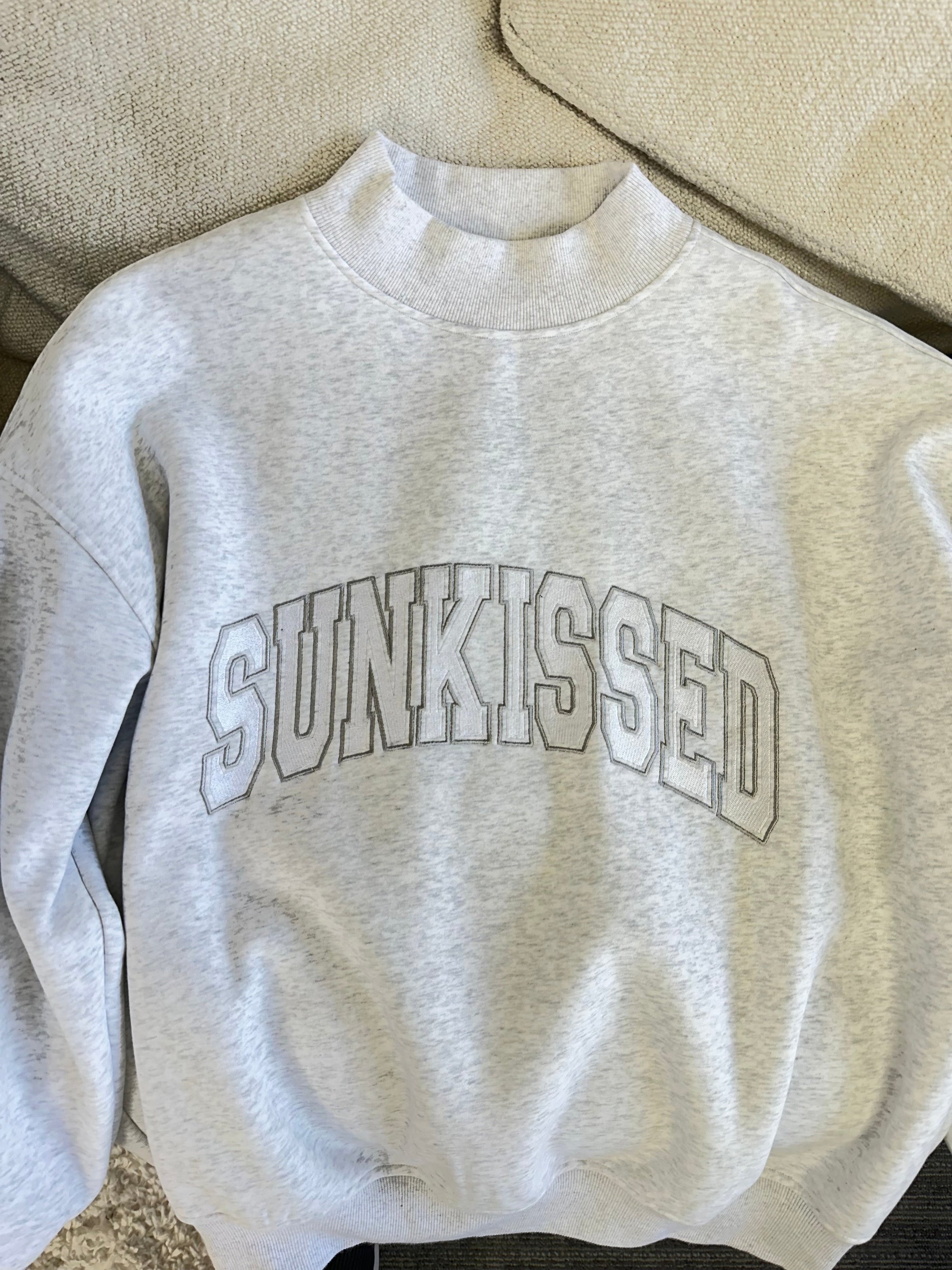 Pearl Grey Mockneck Sunkissed Varsity Embroider Sweatshirt