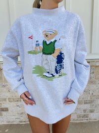 Peal Grey Old Fashion Teddy Bear Golf Embroider Mockneck Sweatshirt