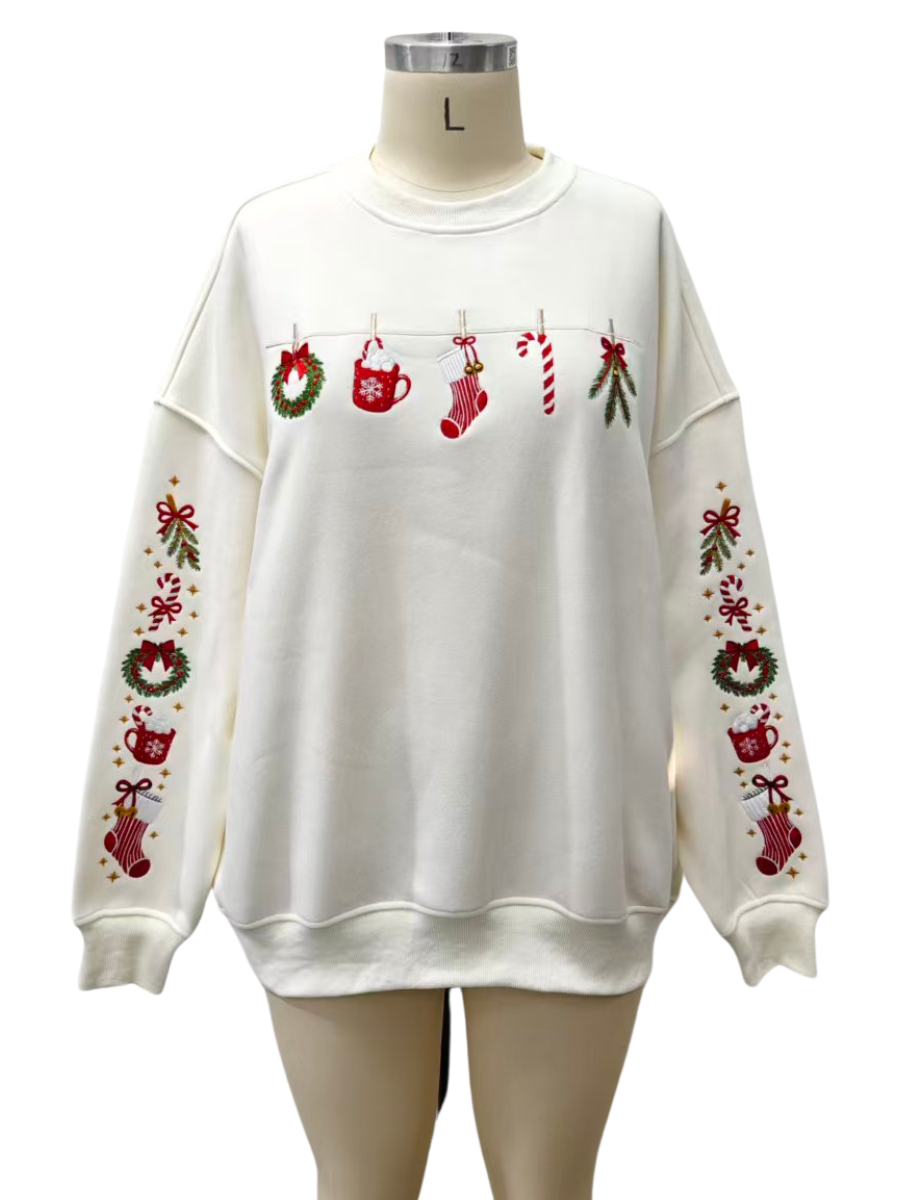 Whimsical Christmas Holiday Clothesline Embroidered Sweatshirt