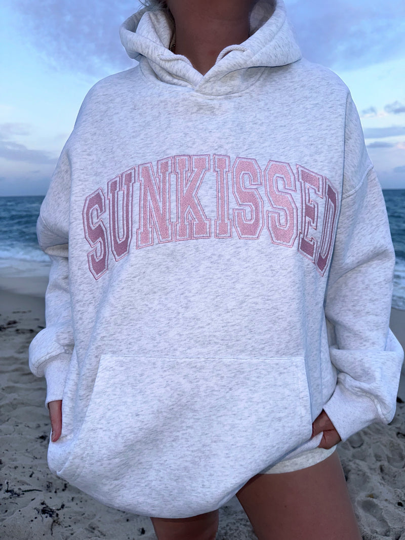Pearl Grey with Pink Thread Sunkissed Varsity Embroider Hoodie
