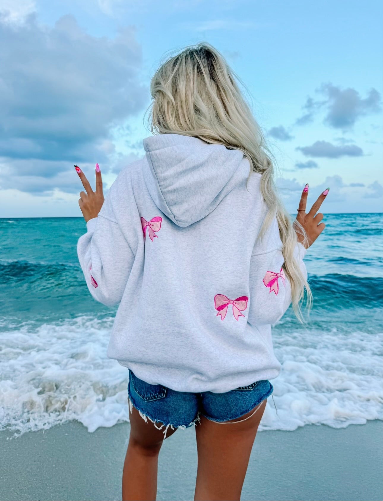 Pearl Grey Embroider Bow Hoodie